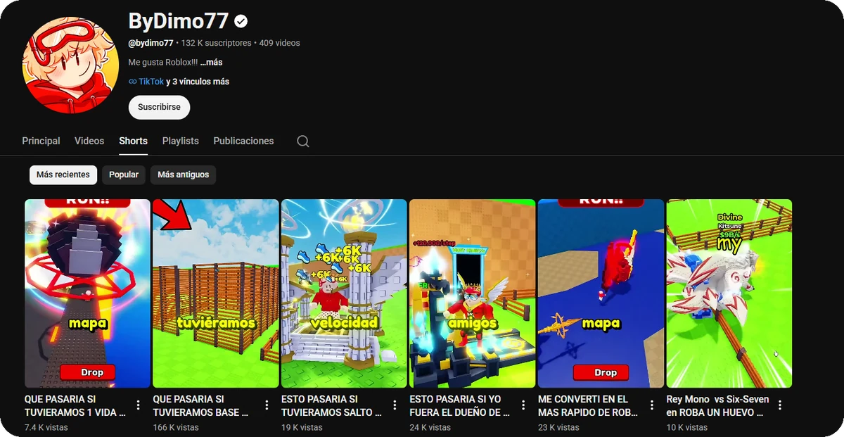 Canal de YouTube con Shorts de Roblox
