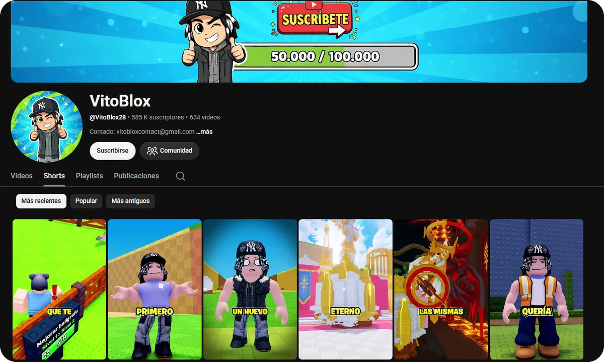 Canal de YouTube con Shorts de Roblox